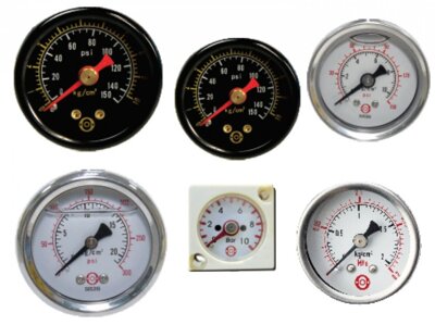 Metal and Stainless Steel Pressure Gauges 1/8 and 1/4 inch rear entry 42mm and 53mm diameter with pressure ranges 0-10 Bar, 0-20 Bar and 0-30 Bar.