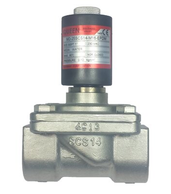 Queen MD SCS14-M16 316 stainless steel solenoid valves Function 2/2 way normally closed, Pressure 0 to 16 Bar, is a zero rated valve that operates from vacuum up to 10 Bar. Seals EPDM option NBR or FKM. Coil: M16 26 watt DN43650A 100% duty rated IP65 and CE approved.