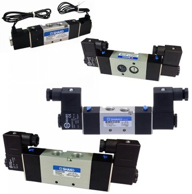 5/2 way solenoid valves, double acting (bi stable).
Example:  Power to coil 1 Cylinder fully extends, power off cylinder stays put, power to coil 2 cylinder fully retracts.