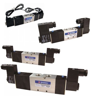 5/3 way solenoid valves, double acting (Bi stable).
Example: Power coil 1 cylinder extends, power off cylinder stops, even in mid-position. Power to coil 2 cylinder retracts, power off cylinder stops even in mid-position. An addition of speed controller into air line or exhaust port will slow cylinder speed.