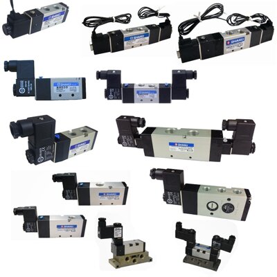 Pneumatic solenoid actuated valves for compressed air systems including 3/2, 5/2 single and double acting and 5/3 way valves from M5 to 1/2 inch thread.