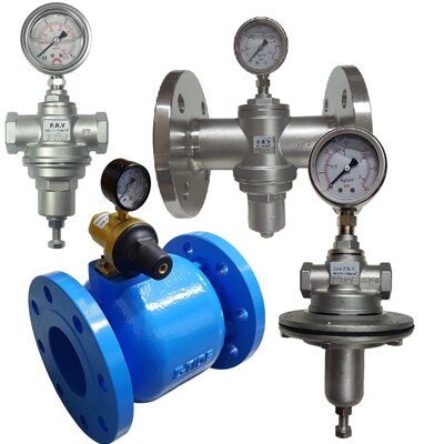 Pressure reducing / pressure regulating valves (PRV) will reduce and maintain a stable outlet / down stream pressure regardless of upstream pressure changes. Each valve can be manually adjusted within the valve pressure adjustment range with the outlet pressure displayed by the pressure gauge.