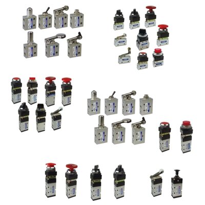 Mechanical pneumatic control valves with roller, twist selector, mushroom palm button, detent button, push-pull button or lever either 2/2; 3/2; 4/2; 4/3; 5/2 and 5/3 way for compressed air to 10 Bar.