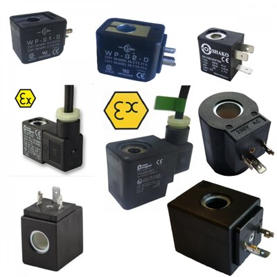 Solenoid coils according to bore diameter, height and power level. IP54, IP65, IP67, IP68 and ATEX zone 21 and zone 22 protection either Class F Class H and Class N DIN43650A,B and flying lead wire.