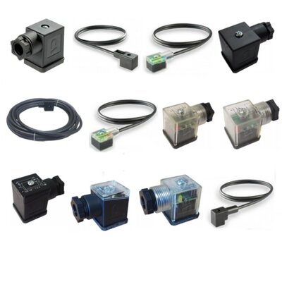 EN 175301-803 (DIN43650A) Form A 28mm square, Industrial Form B 21x28.5mm and Micro C 15.6x15.6mm Connectors with or without circuits LED, VDR, Rectified and pre-wired field mountable electrical connectors.