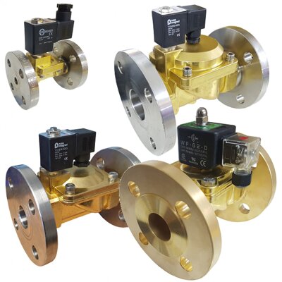 Flanged DN10 to DN100 Brass solenoid valves 2/2 way normally closed and normally open, zero rated direct acting, pressure assisted valves for most air, water, oil, vacuum, steam and most other non corrosive liquid and gas applications.