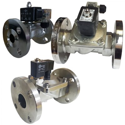 Flanged PN16, ANSI150Lb or JIS10K Stainless steel solenoid valves, function: 2/2 way normally closed or normally open to suit most air, water, oil, fluid and gas applications. IP65 safe area and ATEX hazardous area.