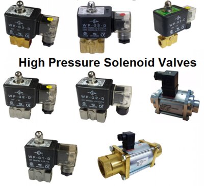 High pressure solenoid valves designed for on/off control of fluids and gases up to 500 Bar in both Brass and Stainless Steel.