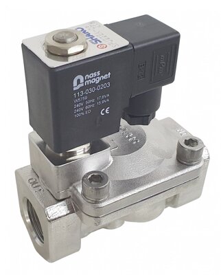 SPU225 solenoid valve Body: 316 stainless steel, Pressure: 0.5 to 15 Bar, Function 2/2 way normally closed, normally open or latching bi-stable function. Seals: Viton, NBR, EPDM or HNBR, Coil: IP65 safe area or ATEX EExmIIT4, Port: 3/8 to 2" BSP, NPT or Flange.