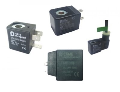 Solenoid spare coils with 8mm, 9mm, 8/9mm and 10mm bore including Nass Magnet system 8/22 and system 8/30 IP65 and ATEX Exia and Exm solenoid coils.