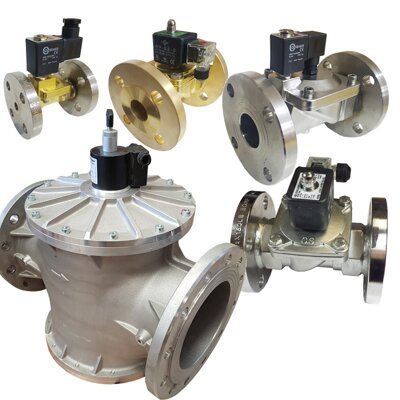 Flanged PN16, ANSI150Lb and JIS10K solenoid valves 2/2 way normally closed and normally open manufactured from Brass, Bronze, Aluminium, Cast Iron, Ductile Iron, Cast Steel and Stainless Steel to suit most air, water, natural gas, biogas, steam, fluid and gas application. IP65 and ATEX available.