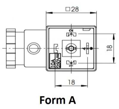 DIN43650A form A 28mm square electrical connectors. Field mountable connectors without circuit, with LED, VDR, LED with VDR, Bridge Rectifier, Bridge Rectified with LED, Connectors with moulded cable and connectors with PWM power reduction circuits.