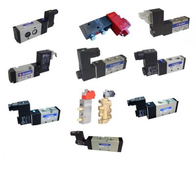 5/2 way solenoid valves, single acting (mono stable).
Example: Power on cylinder fully extends, power off cylinder fully retracts (or vice versa).