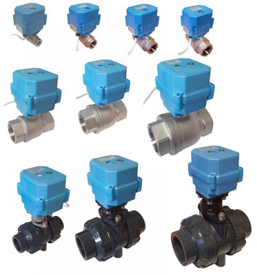 Electric actuated motor ball valves, 2 port full flow, 9-24v and 110-240vAC, including Power Open/Close and Failsafe Return in Brass, Stainless Steel and PVC.