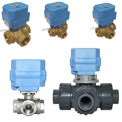 3 way electric actuated ball valves with T and L port configuration, including Power Open/Close and Failsafe Return in Brass and Stainless Steel.