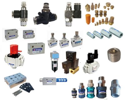 Silencers / mufflers, quick exhaust valves; shuttle valves; speed control valves, slide valves, check valves, soft start and safety shut off valves and auto drain systems.