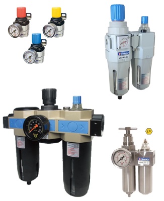 Air Filters, Regulators and Lubricators for air compressor water separation, filtration, pressure control and lubrication for compressed air systems. Offer precise pressure control, rust dust particle water and oil removal. Sizes 1/8 to 2" thread, standard 0.5-10 Bar or stainless steel 0.5 to 30 Bar.