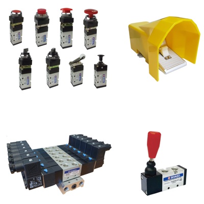 Pneumatic solenoid + mechanical air valves. Push/Pull, Rotary Lever, Twist Select, Push Button, Roller, Switch + Foot pedal 2/2, 3/2, 4/2, 4/3, 5/2 and 5/3 way and related Accessories.