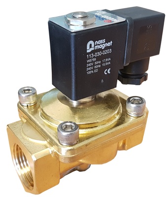 Shako PU220 series Brass Solenoid Valves PU220A 2/2 way normally closed or PU220AN normally open and PU220D WRAS Approved, Pressure 0 to 16 Bar, Seals NBR or FKM, EPDM or HNBR, Coil 15 watt or 18.5 watt Class H IP65 DIN43650A 100% duty rated option ATEX EExmIIT4, Port sizes from 1/8 to 1" thread.