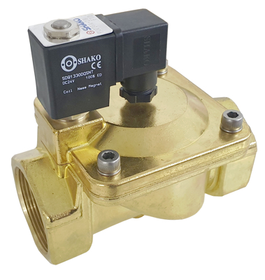 Shako PU225 Brass Solenoid Valves, PU225A 2/2 normally closed, PU225AN normally open, LPU225A Latching and PU225D WRAS approved. Pressure ranges from 0.5 to 15 Bar, Seals NBR or FKM, EPDM or HNBR, Coil Class H IP65 DIN43650A 100% duty rated option ATEX EExmIIT4, Port sizes from 3/8 to 2 inch thread.