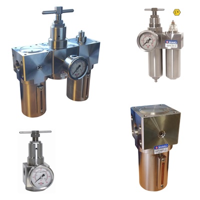 Stainless steel Filters, Regulators, Lubricators and FRL sets with ATEX, for the treatment of compressed air systems up to 60 Bar.